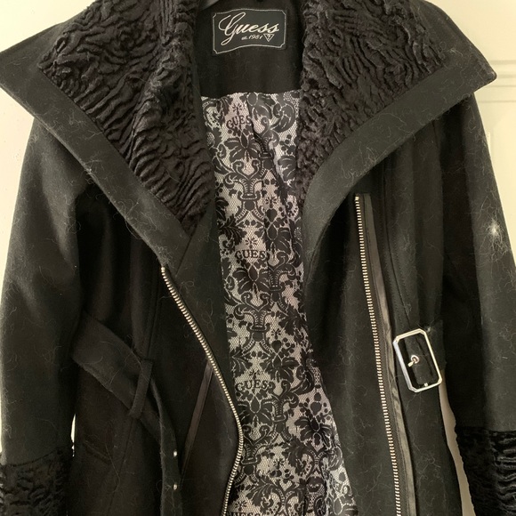 GUESS Black Wool Coat w/Chenille Boucle Collar & Cuffs Asymmetrical Zip Front S - Picture 12 of 14